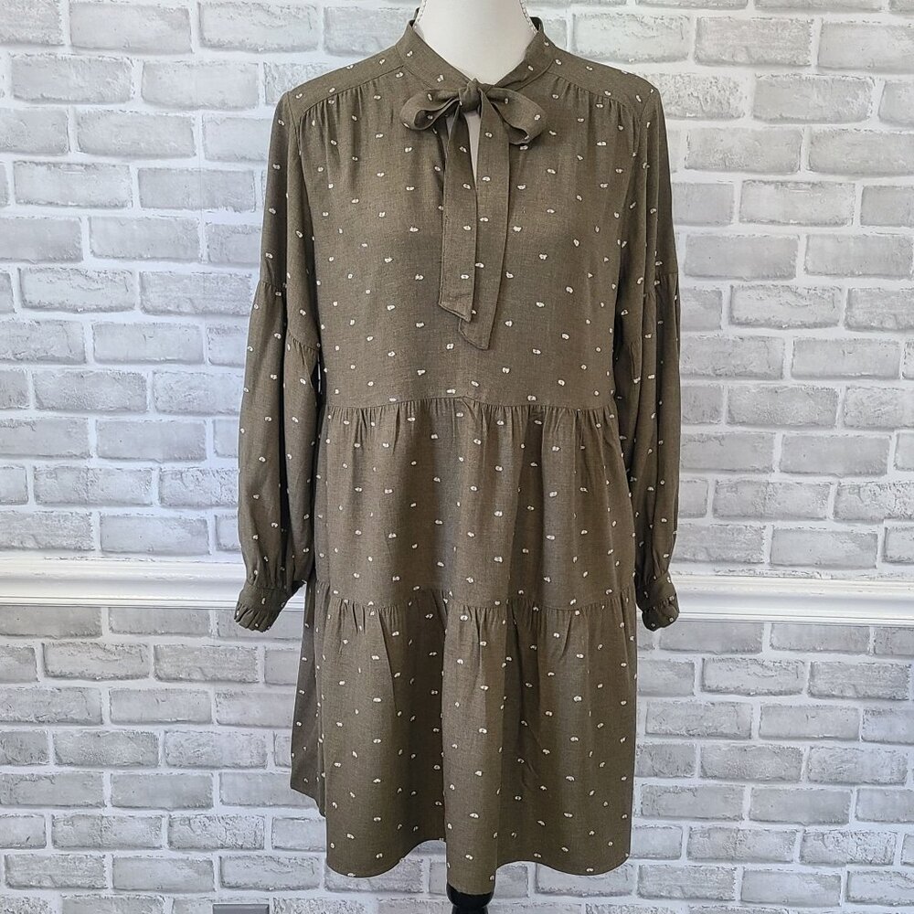 ZARA Green Boho Tiered Ruffle Long Sleeve Dress Cottage Autumn Cozy Womens Med